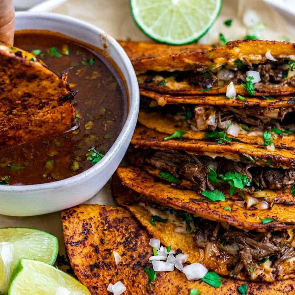 Stack of crispy birria tacos filled with shredded beef, cilantro, and onion, served with consommé and lime wedges.