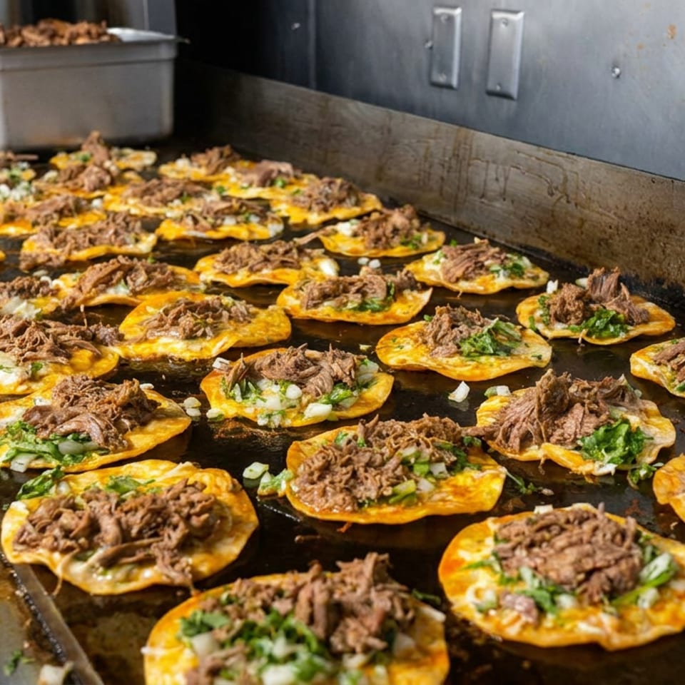 Griddle covered with golden tortillas topped with shredded beef, melted cheese, onions, and cilantro.