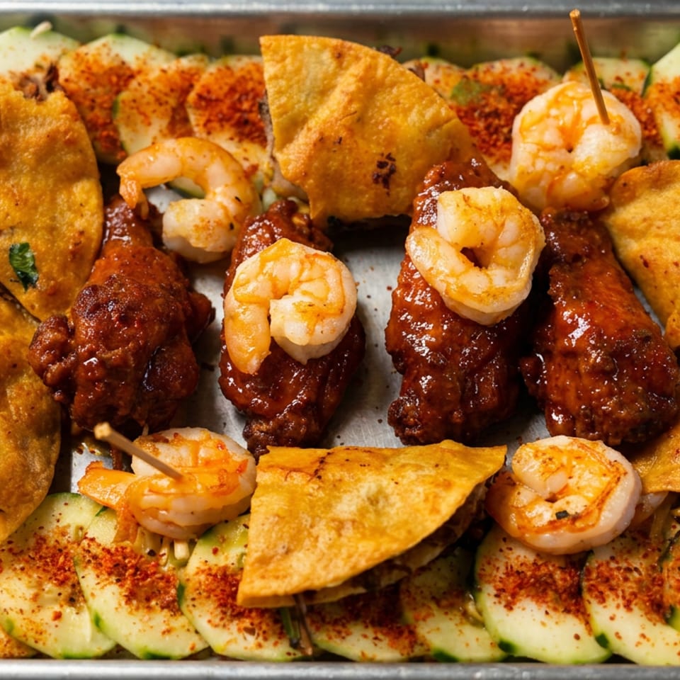 Tray of shrimp-topped barbecue wings, crispy stuffed pastries, and paprika-seasoned cucumber slices.