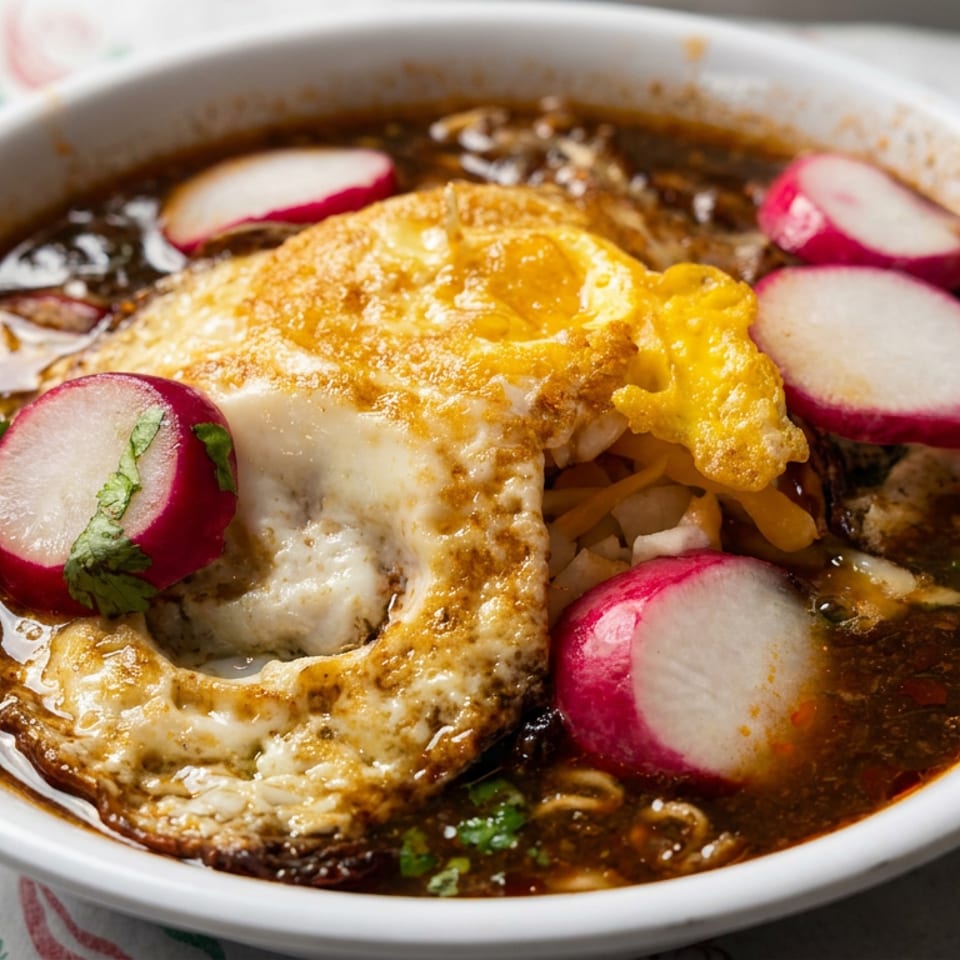 Bowl of savory dark broth with noodles, a fried egg, sliced radishes, and cilantro.
