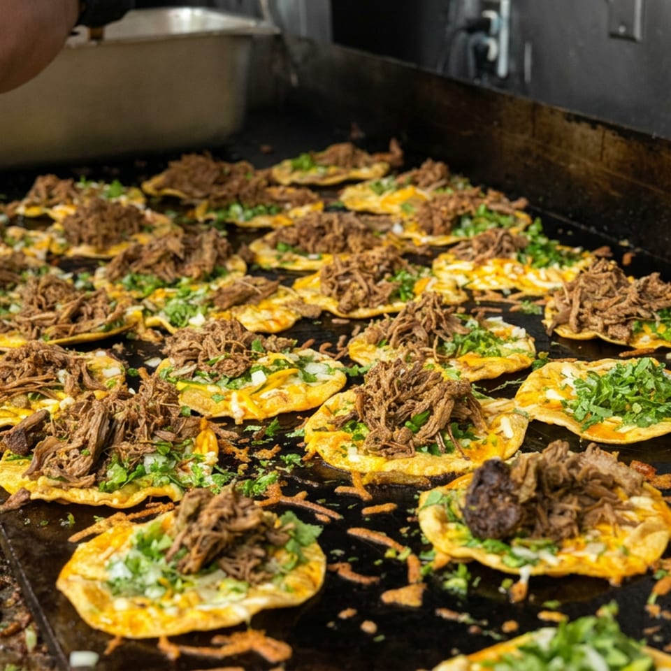 Crispy flatbreads topped with shredded meat, melted cheese, and chopped herbs cooking on a restaurant griddle.